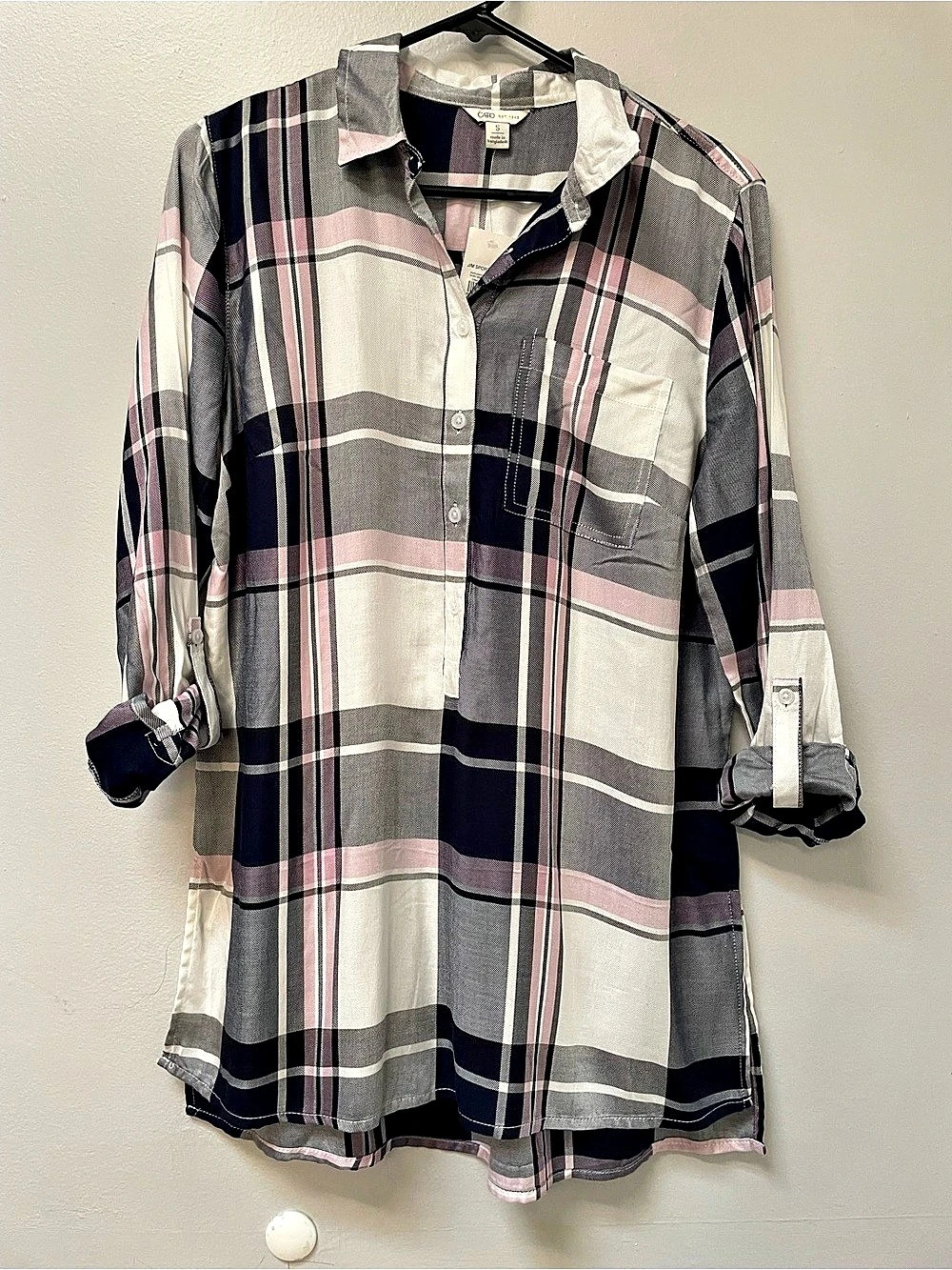 Cato Plaid Tunic Length Button Down in Blue & Pink Size Small NWT